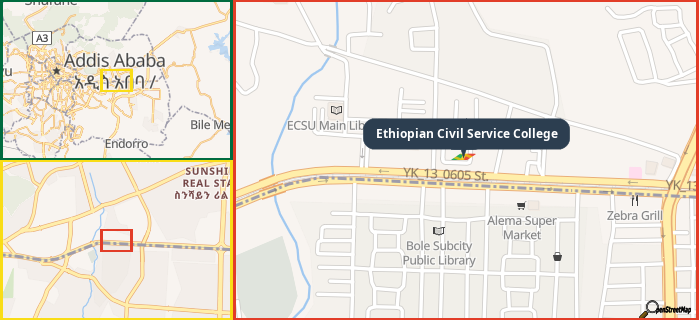 Map showing the address of Ethiopian Civil Service College in three different zoom levels.