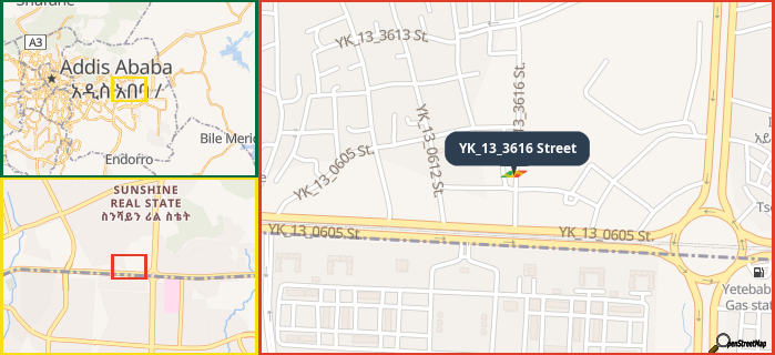 Map showing the address of YK_13_3616 Street in three different zoom levels.