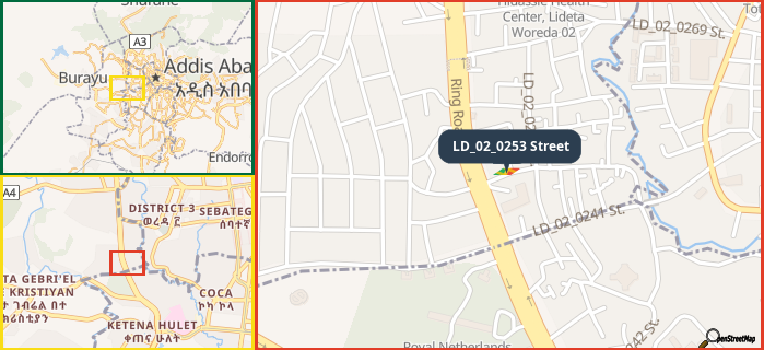 Map showing the address of LD_02_0253 Street in three different zoom levels.