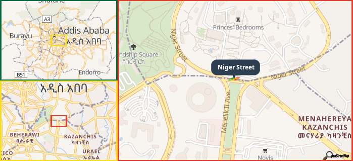 Map showing the address of Niger Street in three different zoom levels.