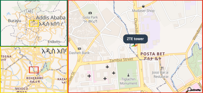 Map showing the address of ZTE tower in three different zoom levels.