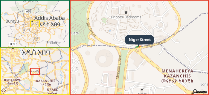 Map showing the address of Niger Street in three different zoom levels.