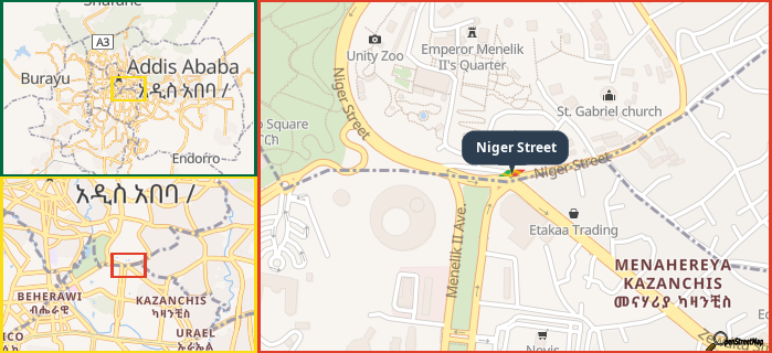 Map showing the address of Niger Street in three different zoom levels.