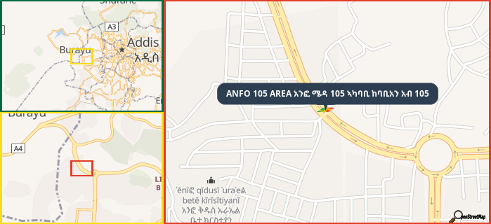 Map showing the address of ANFO 105 AREA አንፎ ሜዳ 105 ኣካባቢ ከባቢአን አብ 105 in three different zoom levels.