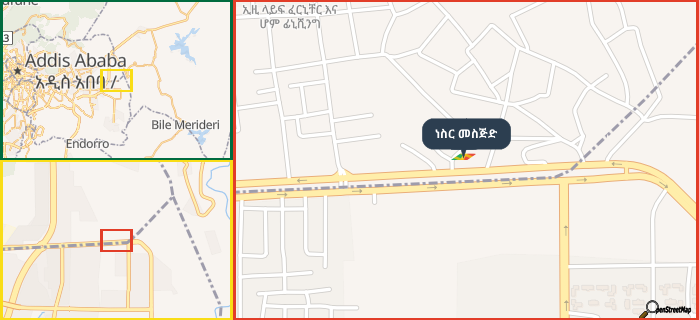 Map showing the address of ነስር መስጅድ in three different zoom levels.