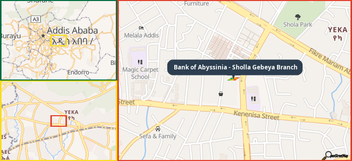 Map showing the address of Bank of Abyssinia - Sholla Gebeya Branch in three different zoom levels.