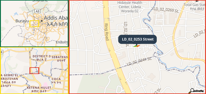 Map showing the address of LD_02_0253 Street in three different zoom levels.