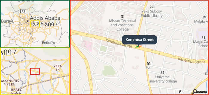 Map showing the address of Kenenisa Street in three different zoom levels.