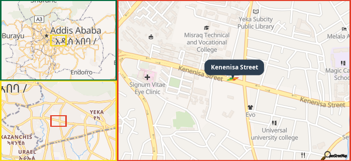 Map showing the address of Kenenisa Street in three different zoom levels.