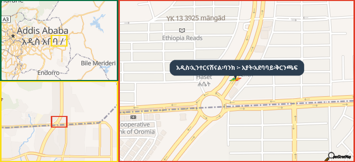Map showing the address of አዲስ፡ኢንተርናሽናል፡ባንክ ፦ አያት፡አደባባይ፡ቅርንጫፍ in three different zoom levels.