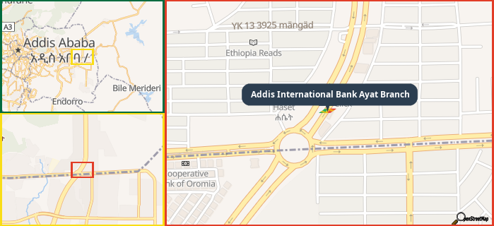 Map showing the address of Addis International Bank Ayat Branch in three different zoom levels.