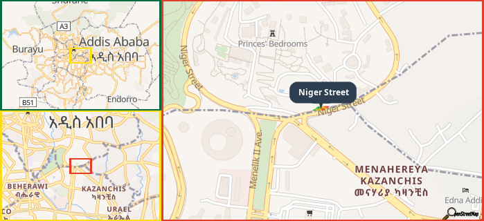 Map showing the address of Niger Street in three different zoom levels.