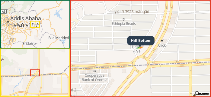 Map showing the address of Hill Bottom in three different zoom levels.