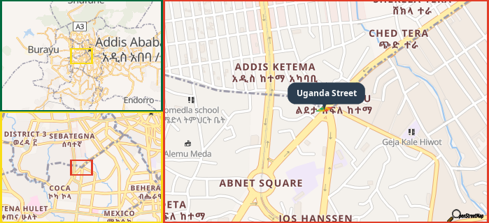 Map showing the address of Uganda Street in three different zoom levels.