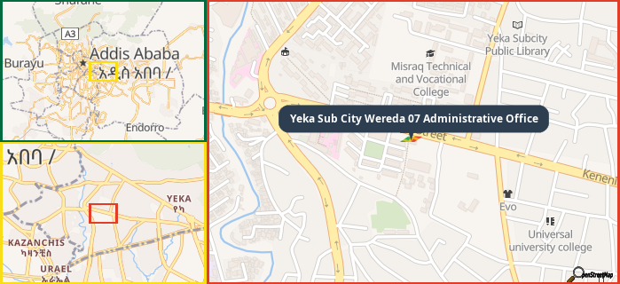 Map showing the address of Yeka Sub City Wereda 07 Administrative Office in three different zoom levels.