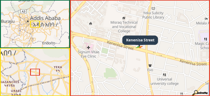 Map showing the address of Kenenisa Street in three different zoom levels.