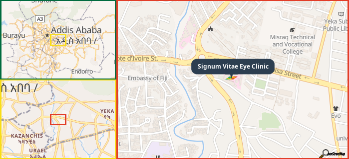 Map showing the address of Signum Vitae Eye Clinic in three different zoom levels.