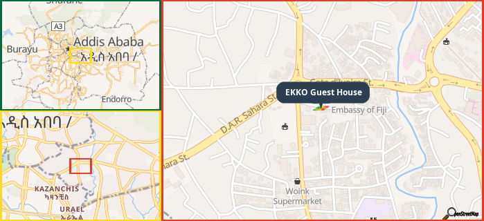 Map showing the address of EKKO Guest House in three different zoom levels.