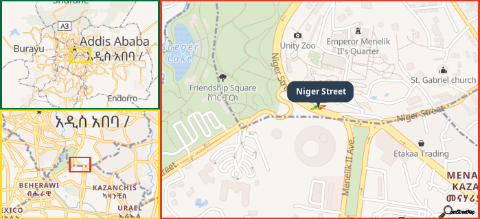 Map showing the address of Niger Street in three different zoom levels.