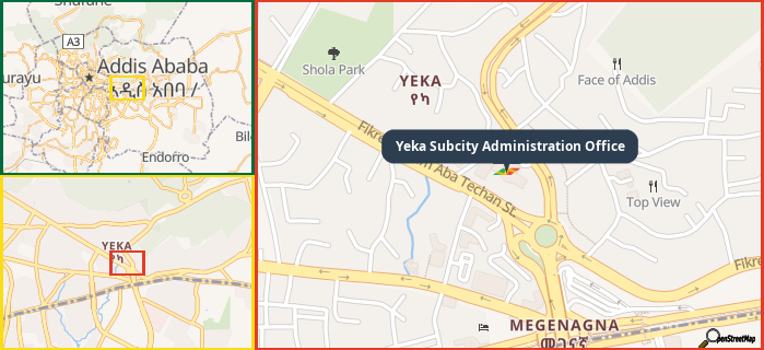 Map showing the address of Yeka Subcity Administration Office in three different zoom levels.