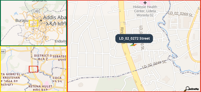 Map showing the address of LD_02_0272 Street in three different zoom levels.