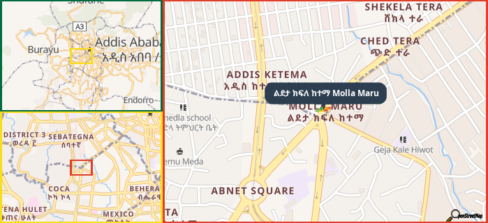 Map showing the address of ልደታ ክፍለ ከተማ Molla Maru in three different zoom levels.