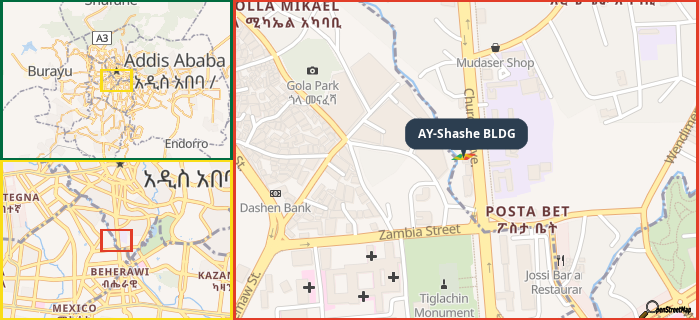 Map showing the address of AY-Shashe BLDG in three different zoom levels.