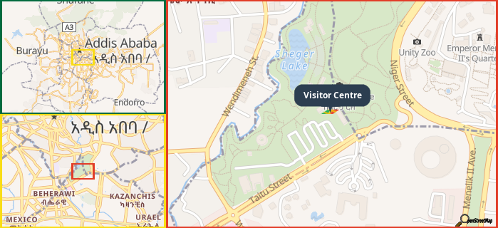 Map showing the address of Visitor Centre in three different zoom levels.