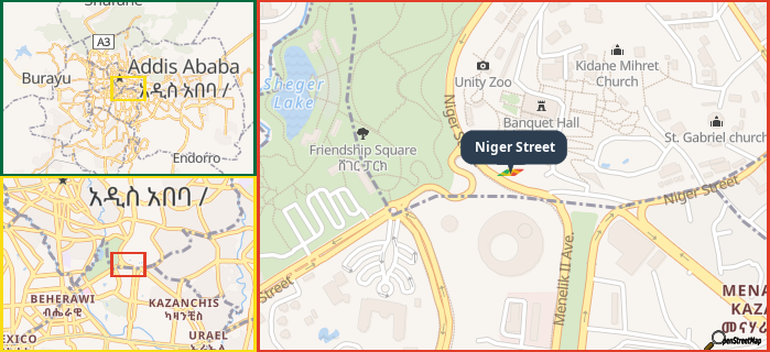 Map showing the address of Niger Street in three different zoom levels.