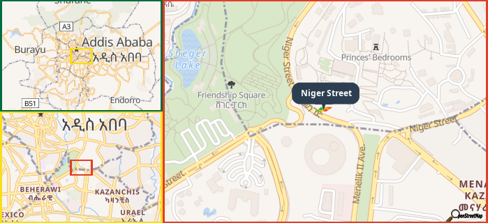 Map showing the address of Niger Street in three different zoom levels.