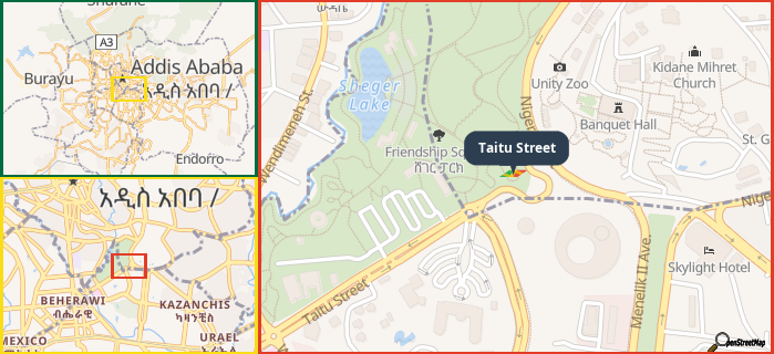Map showing the address of Taitu Street in three different zoom levels.