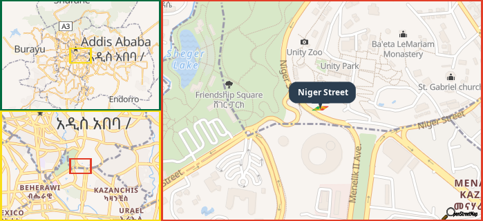 Map showing the address of Niger Street in three different zoom levels.