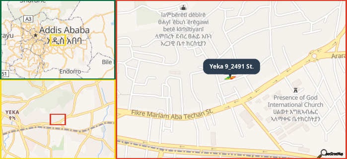 Map showing the address of Yeka 9_2491 St. in three different zoom levels.