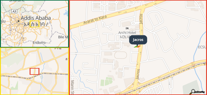 Map showing the address of Jacros in three different zoom levels.