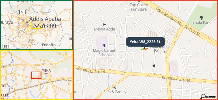 Map showing the address of Yeka W8_2226 St. in three different zoom levels.