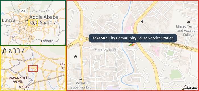 Map showing the address of Yeka Sub City Community Police Service Station in three different zoom levels.