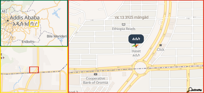 Map showing the address of ሐሴት in three different zoom levels.