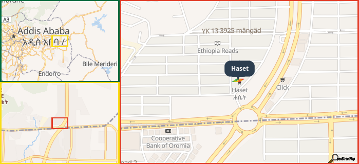 Map showing the address of Haset in three different zoom levels.