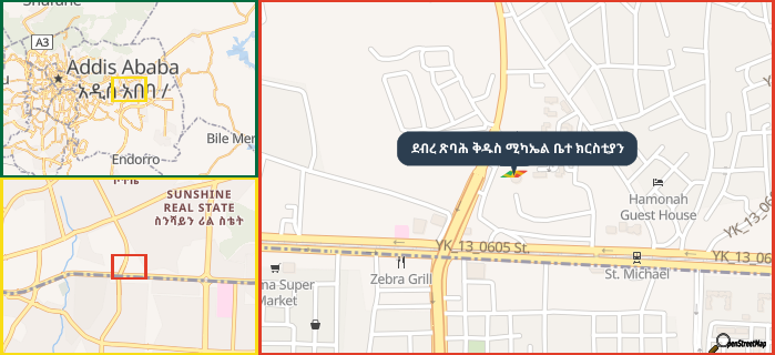 Map showing the address of ደብረ ጽባሕ ቅዱስ ሚካኤል ቤተ ክርስቲያን in three different zoom levels.