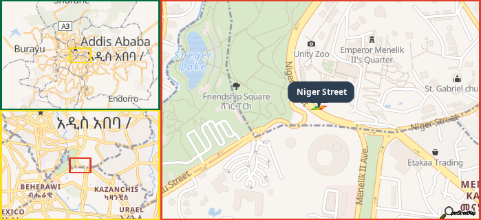 Map showing the address of Niger Street in three different zoom levels.