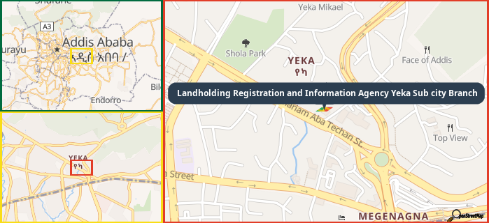 Map showing the address of Landholding Registration and Information Agency Yeka Sub city Branch in three different zoom levels.