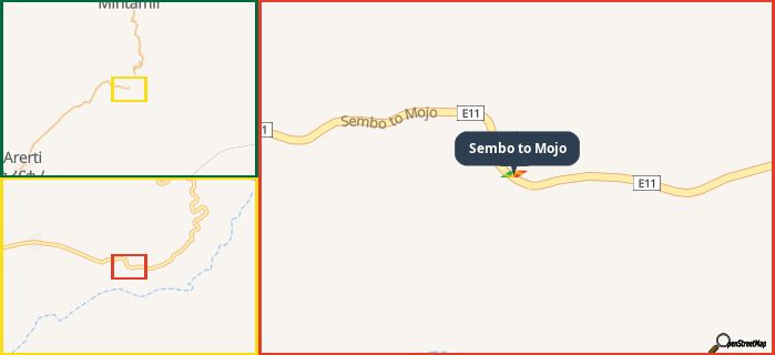 Map showing the address of Sembo to Mojo in three different zoom levels.