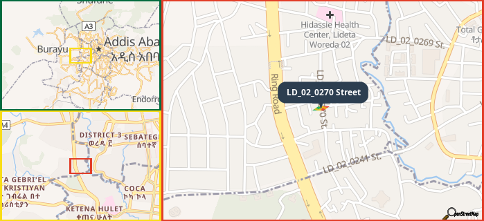 Map showing the address of LD_02_0270 Street in three different zoom levels.