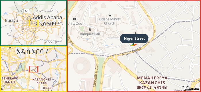 Map showing the address of Niger Street in three different zoom levels.