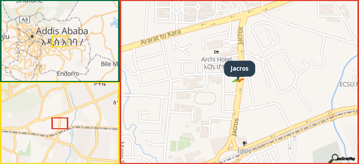 Map showing the address of Jacros in three different zoom levels.