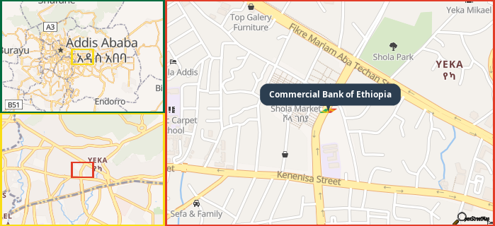 Map showing the address of Commercial Bank of Ethiopia in three different zoom levels.