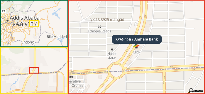 Map showing the address of አማራ ባንክ / Amhara Bank in three different zoom levels.