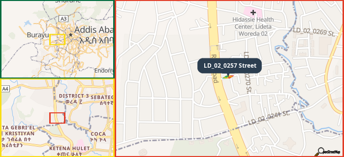 Map showing the address of LD_02_0257 Street in three different zoom levels.