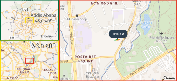 Map showing the address of Ertale A in three different zoom levels.