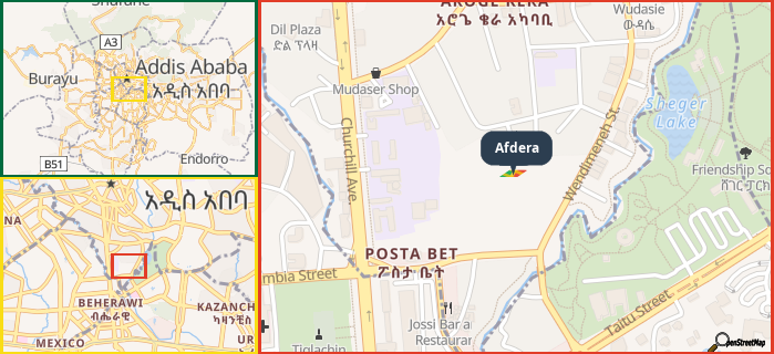 Map showing the address of Afdera in three different zoom levels.